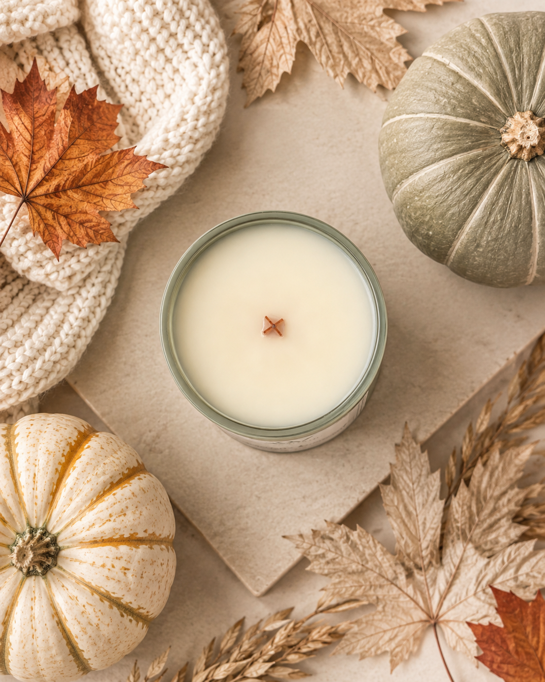 Top view of the Welsh Collective Pumpkin Harvest candle in a sage green glass jar, surrounded by autumn leaves, pumpkins, and a cream knit blanket.